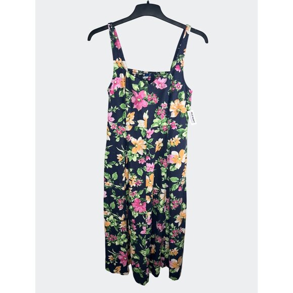 Old Navy Womens Navy Blue Floral Fit & Flare Linen Blend Midi Dress Size Medium - Picture 11 of 14